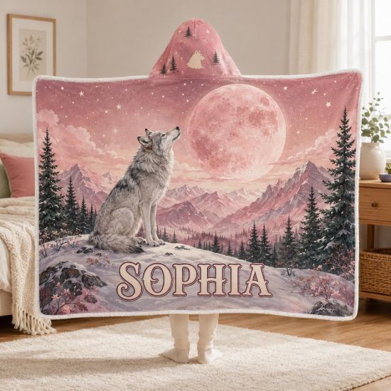 Picture of Personalized Wolf Wearable Blanket, Custom Name Hooded Blanket, Pink Moon Wolf Sherpa Blanket, Wolf Lover Gift for Girls Women & Kids