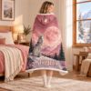 Picture of Personalized Wolf Wearable Blanket, Custom Name Hooded Blanket, Pink Moon Wolf Sherpa Blanket, Wolf Lover Gift for Girls Women & Kids