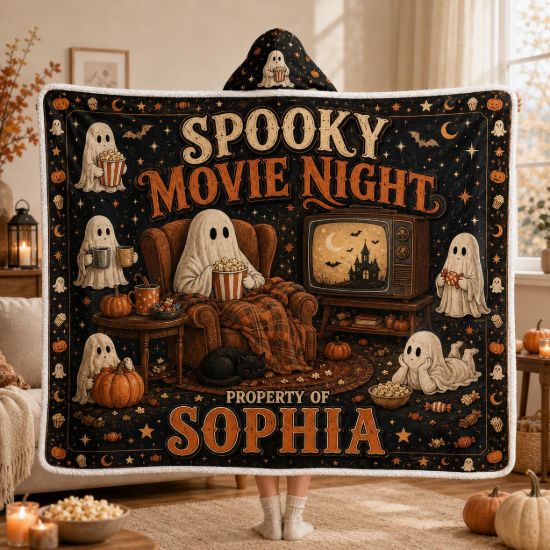 Picture of Personalized Halloween Wearable Blanket, Spooky Movie Night Hooded Blanket, Custom Name Ghost Sherpa Blanket, Halloween Gift for Adults