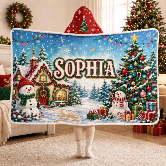 Picture of Personalized Christmas Wearable Blanket, Custom Name Snowman Hooded Blanket, Sherpa Holiday Blanket, Christmas Gift for Kids & Adults