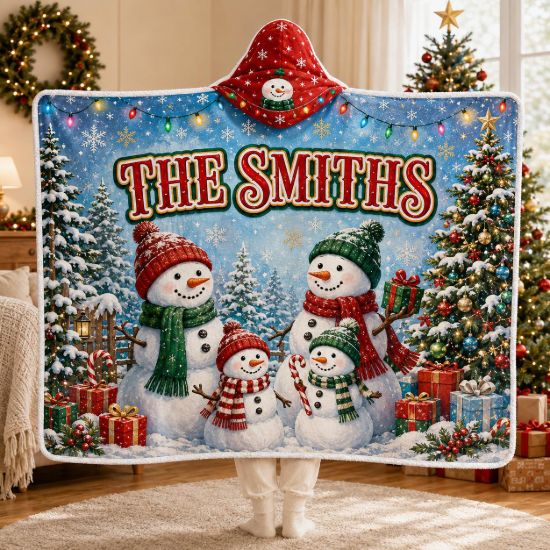 Picture of Personalized Family Christmas Wearable Blanket, Custom Family Name Snowman Hooded Blanket, Sherpa Holiday Blanket, Family Christmas Gift