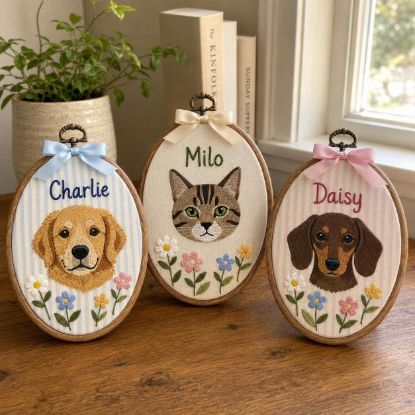 Picture of Personalized Pet Embroidery Hoop, Custom Dog or Cat Portrait, Pet Name Wall Art, Dog Mom Gift, Cat Mom Gift, Pet Lover Keepsake Home Decor