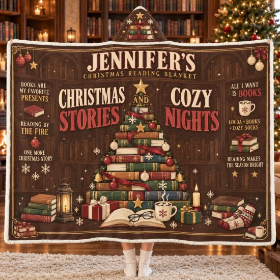 Picture of Personalized Christmas Book Lover Wearable Blanket, Custom Name Reading Hooded Blanket, Cozy Sherpa Blanket, Christmas Gift for Bookworms
