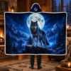 Picture of Wolf Wearable Blanket, Moon Wolf Hooded Blanket, Blue Sherpa Wildlife Blanket, Wolf Lover Gift for Men Women Kids, Mountain Nature Gift