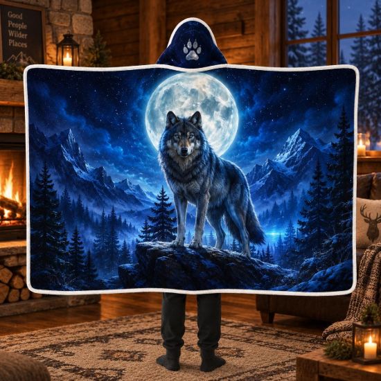 Picture of Wolf Wearable Blanket, Moon Wolf Hooded Blanket, Blue Sherpa Wildlife Blanket, Wolf Lover Gift for Men Women Kids, Mountain Nature Gift