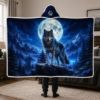 Picture of Wolf Wearable Blanket, Moon Wolf Hooded Blanket, Blue Sherpa Wildlife Blanket, Wolf Lover Gift for Men Women Kids, Mountain Nature Gift