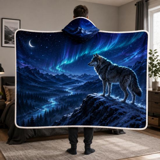 Picture of Wolf Wearable Blanket, Northern Lights Hooded Blanket, Blue Wolf Sherpa Blanket, Aurora Wildlife Gift for Men, Wolf Lover Mountain Gift