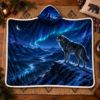 Picture of Wolf Wearable Blanket, Northern Lights Hooded Blanket, Blue Wolf Sherpa Blanket, Aurora Wildlife Gift for Men, Wolf Lover Mountain Gift