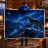Picture of Wolf Wearable Blanket, Northern Lights Hooded Blanket, Blue Wolf Sherpa Blanket, Aurora Wildlife Gift for Men, Wolf Lover Mountain Gift