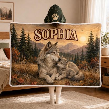 Picture of Personalized Wolf Wearable Blanket, Custom Name Hooded Blanket, Wolf Family Sherpa Blanket, Wildlife Wolf Lover Gift for Women Kids