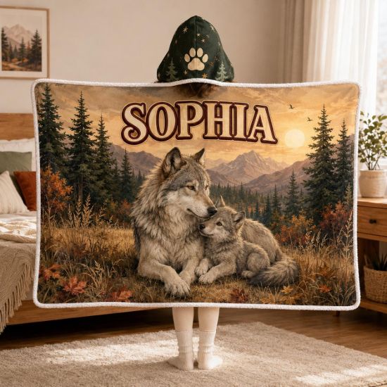 Picture of Personalized Wolf Wearable Blanket, Custom Name Hooded Blanket, Wolf Family Sherpa Blanket, Wildlife Wolf Lover Gift for Women Kids