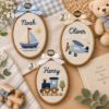 Picture of Personalized Baby Boy Embroidery Hoop, Custom Name Nursery Decor, Sailboat Airplane Train Wall Art, Newborn Gift, Baby Shower Heirloom Decor