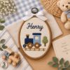 Picture of Personalized Baby Boy Embroidery Hoop, Custom Name Nursery Decor, Sailboat Airplane Train Wall Art, Newborn Gift, Baby Shower Heirloom Decor