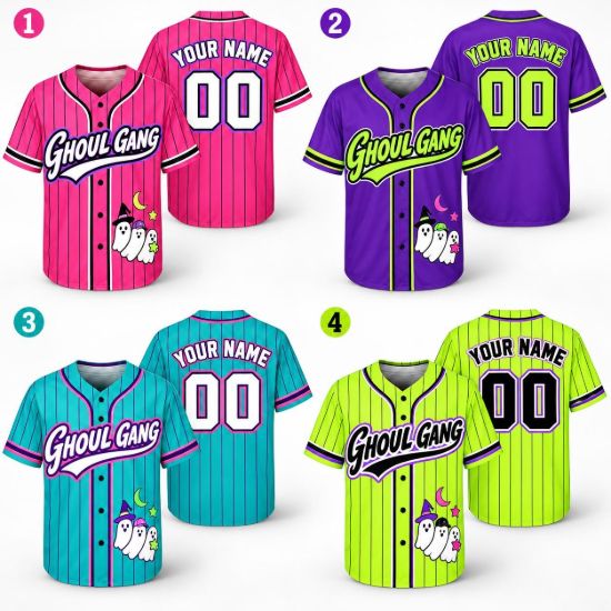 Picture of Personalized Ghoul Gang Baseball Jersey, Custom Name Number Halloween Jersey, Spooky Ghost Shirt, Unisex Button Up Baseball Gift Halloween