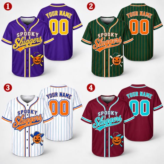 Picture of Personalized Halloween Baseball Jersey, Custom Name Number Spooky Sluggers Shirt, Unisex Button Up Jersey, Baseball Player Gift Halloween