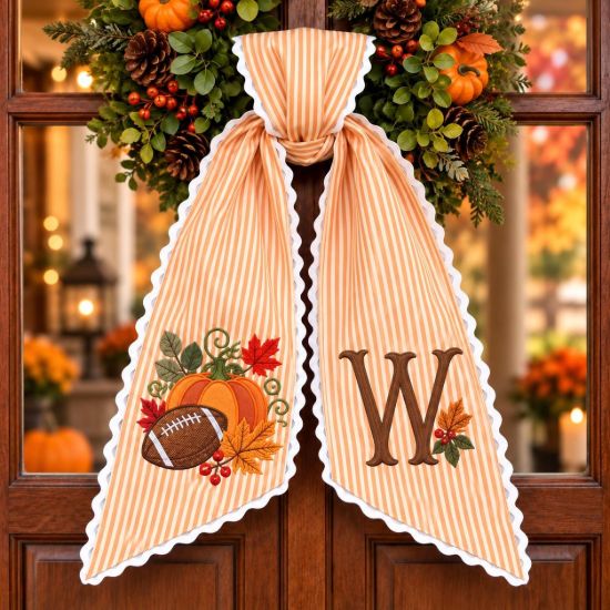 Picture of Personalized Fall Football Door Scarf, Custom Initial Pumpkin Wreath Sash, Autumn Front Door Decor, Thanksgiving Football Gift Fall Pumpkin