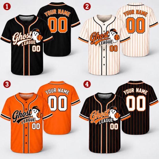 Picture of Personalized Ghost League Baseball Jersey, Custom Name Number Halloween Jersey, Spooky Baseball Shirt, Halloween Baseball Gift Jersey