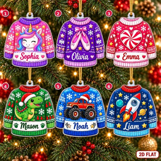 Picture of Personalized Christmas Sweater Ornament 2026, Custom Name Ugly Christmas Sweater, Kids Holiday Ornament, Stocking Stuffer Gift Christmas