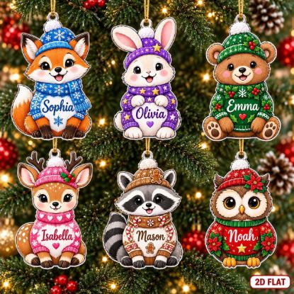 Picture of Personalized Woodland Animal Christmas Ornament 2026, Custom Name Animal Ornament, Kids Christmas Gift, Fox Bunny Bear Deer Raccoon Owl