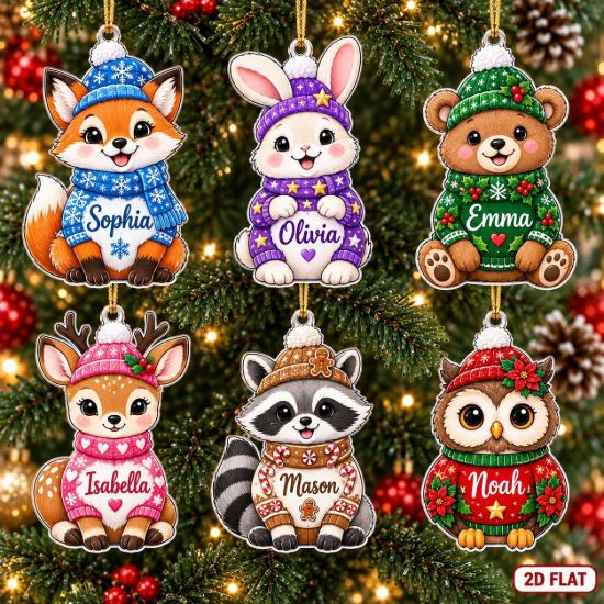 Picture of Personalized Woodland Animal Christmas Ornament 2026, Custom Name Animal Ornament, Kids Christmas Gift, Fox Bunny Bear Deer Raccoon Owl