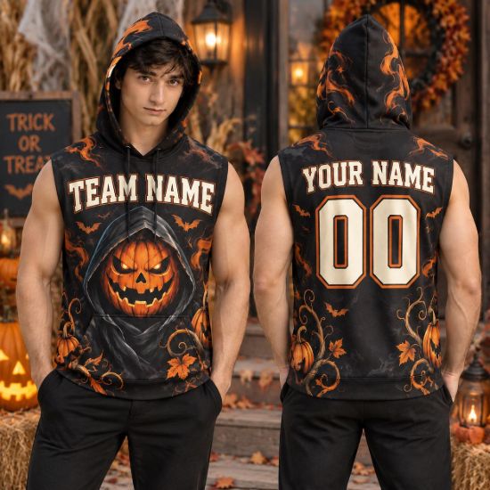 Picture of Personalized Halloween Sleeveless Hoodie, Custom Name & Number Pumpkin Hoodie, Spooky Jack O Lantern Team Shirt, Halloween Gift Shirt
