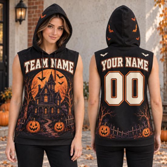 Picture of Personalized Halloween Sleeveless Hoodie, Custom Name & Number Haunted House Hoodie, Spooky Team Shirt, Halloween Gift for Her