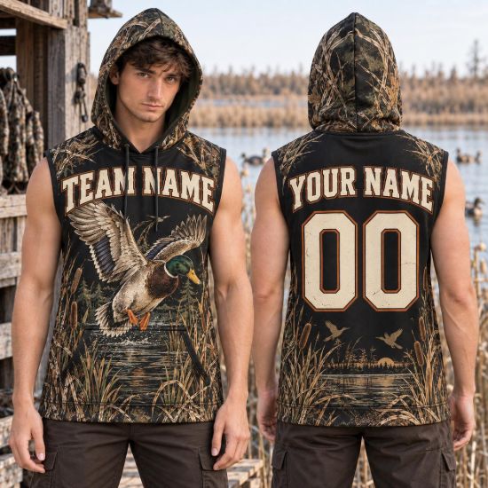 Picture of Personalized Duck Hunting Sleeveless Hoodie, Custom Name & Number Mallard Hoodie, Waterfowl Hunter Shirt, Hunting Gift for Men