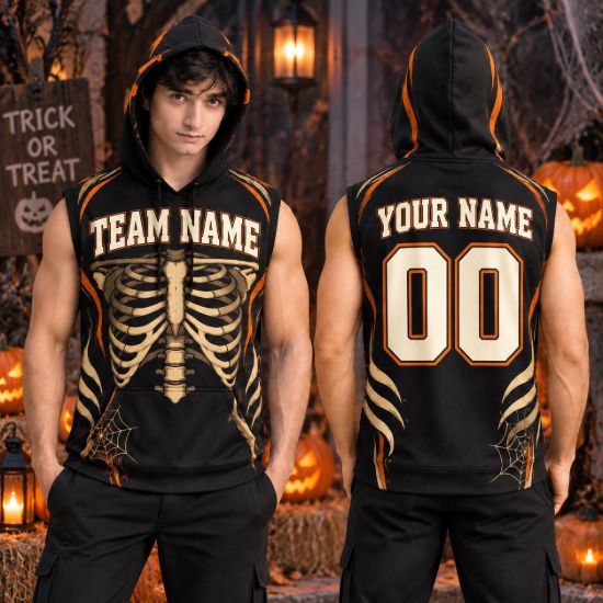 Picture of Personalized Halloween Sleeveless Hoodie, Custom Name & Number Skeleton Hoodie, Spooky Team Shirt, Halloween Sports Gift