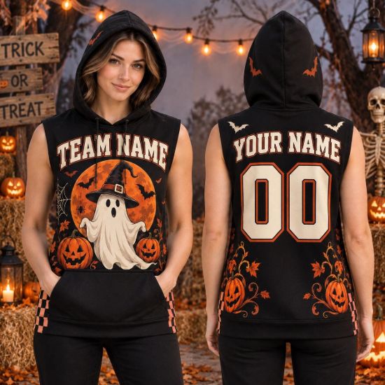 Picture of Personalized Halloween Sleeveless Hoodie, Custom Name & Number Ghost Hoodie, Cute Spooky Pumpkin Team Shirt, Halloween Gift Shirt