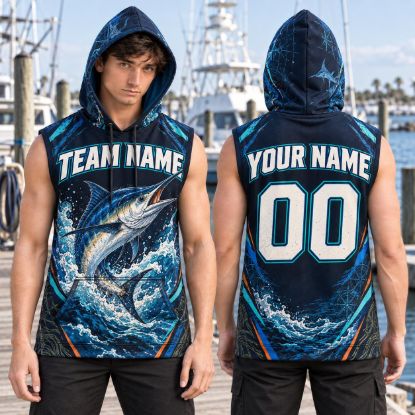 Picture of Personalized Marlin Fishing Sleeveless Hoodie, Custom Name Number Fishing Shirt, Deep Sea Fishing Jersey, Fisherman Gift for Men