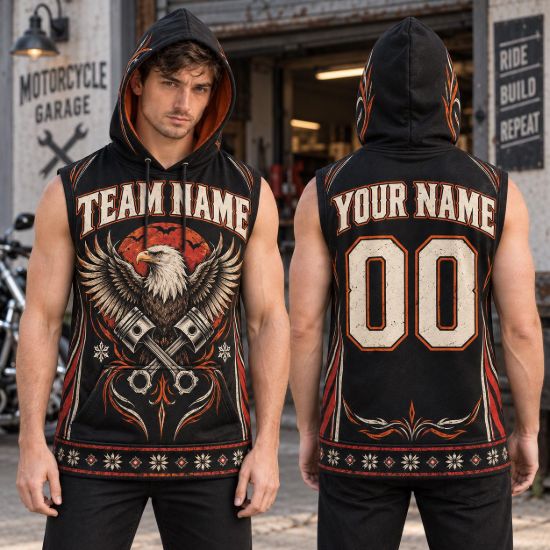 Picture of Personalized Motorcycle Sleeveless Hoodie, Custom Name Number Biker Shirt, Bald Eagle Biker Hoodie, Motorcycle Rider Gift for Men