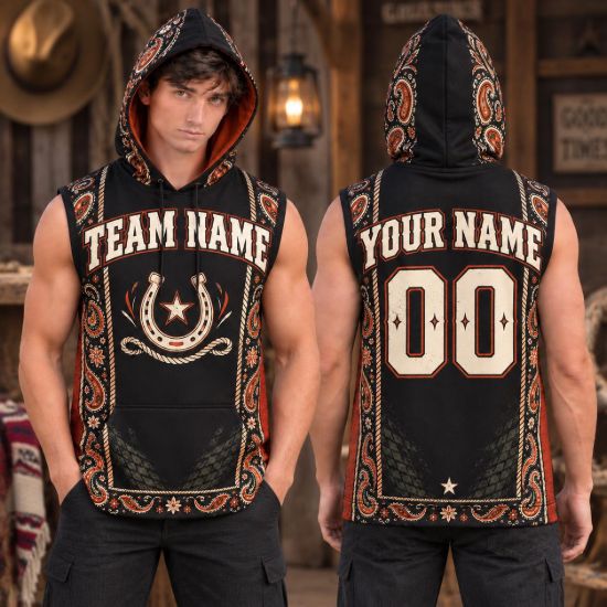 Picture of Personalized Western Sleeveless Hoodie, Custom Team Name Cowboy Shirt, Horseshoe Rodeo Hoodie, Western Gift for Men, Cowboy Apparel