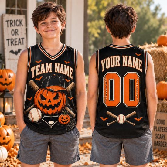 Picture of Personalized Kids Halloween Baseball Jersey, Custom Team Name Pumpkin Shirt, Spooky Baseball Jersey, Halloween Sports Gift for Boys Jersey