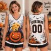 Picture of Personalized Halloween Sleeveless Jersey, Custom Name Pumpkin Shirt, Haunted House Spooky Jersey, Jack O Lantern Halloween Gift for Women