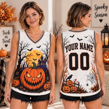 Picture of Personalized Halloween Sleeveless Jersey, Custom Name Pumpkin Shirt, Haunted House Spooky Jersey, Jack O Lantern Halloween Gift for Women