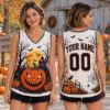 Picture of Personalized Halloween Sleeveless Jersey, Custom Name Pumpkin Shirt, Haunted House Spooky Jersey, Jack O Lantern Halloween Gift for Women