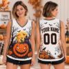 Picture of Personalized Halloween Sleeveless Jersey, Custom Name Pumpkin Shirt, Haunted House Spooky Jersey, Jack O Lantern Halloween Gift for Women