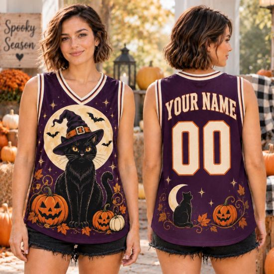 Picture of Personalized Halloween Black Cat Jersey, Custom Name Witch Cat Sleeveless Shirt, Pumpkin Spooky Season Jersey, Halloween Gift for Women