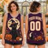 Picture of Personalized Halloween Black Cat Jersey, Custom Name Witch Cat Sleeveless Shirt, Pumpkin Spooky Season Jersey, Halloween Gift for Women