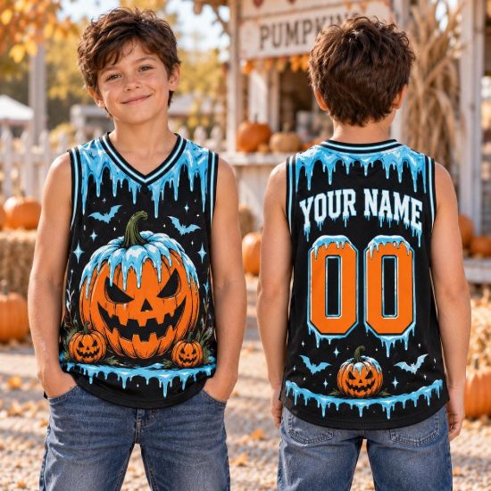 Picture of Personalized Kids Halloween Pumpkin Jersey, Custom Name Jack O Lantern Sleeveless Shirt, Spooky Halloween Sports Jersey, Pumpkin Gift Boy