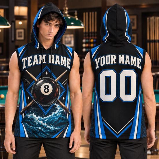 Picture of Personalized Billiards Sleeveless Hoodie, Custom Name Number Pool Shirt, 8 Ball Pool Team Jersey, Billiard Player Gift for Men Billard