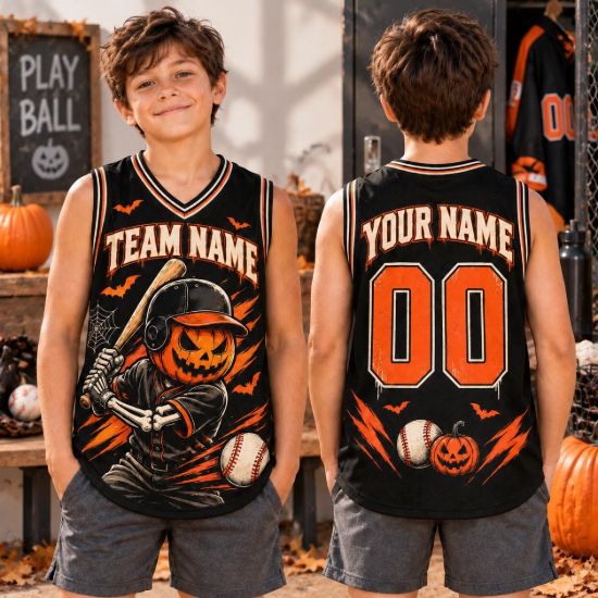 Picture of Personalized Kids Halloween Baseball Jersey, Custom Team Name Pumpkin Skeleton Shirt, Spooky Baseball Uniform, Halloween Sports Gift for Boy