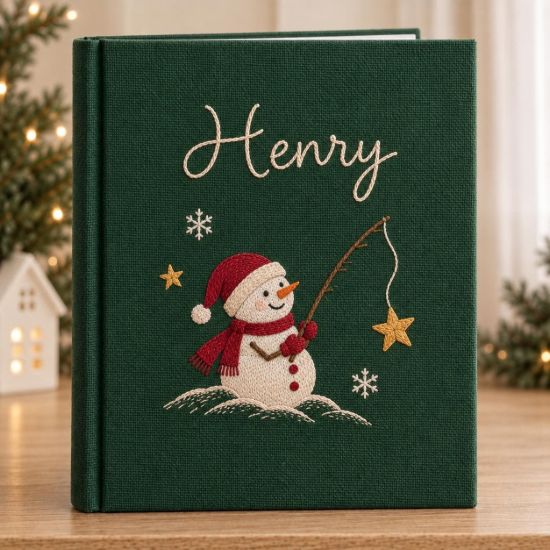 Picture of Personalized Christmas Memory Book, Snowman Keepsake Journal, Embroidered Holiday Album, Custom Family Name Book, Winter Christmas Gift