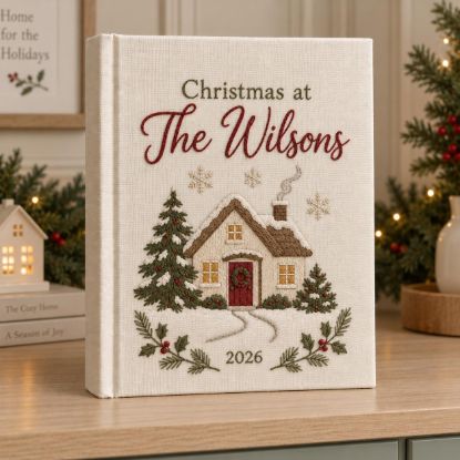 Picture of Personalized Christmas Memory Book, Christmas Cottage Keepsake Journal, Embroidered Holiday Home Album, Custom Family Name Winter Gift 2026