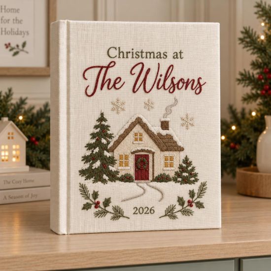 Picture of Personalized Christmas Memory Book, Christmas Cottage Keepsake Journal, Embroidered Holiday Home Album, Custom Family Name Winter Gift 2026