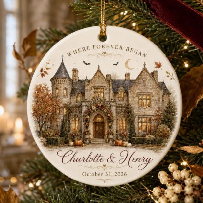 Picture of Personalized Wedding Venue Ornament 2026, Custom Castle Wedding Keepsake, Couple Names & Date Ceramic Ornament, Newlywed Christmas Gift