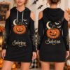 Picture of Personalized Halloween Pumpkin Hoodie Dress, Custom Name Jack O Lantern Dress, Spooky Cold Shoulder Hooded Mini Dress,Halloween Gift for Her