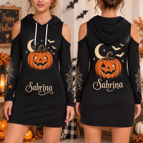 Picture of Personalized Halloween Pumpkin Hoodie Dress, Custom Name Jack O Lantern Dress, Spooky Cold Shoulder Hooded Mini Dress,Halloween Gift for Her