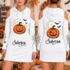Picture of Personalized Halloween Pumpkin Hoodie Dress, Custom Name Jack O Lantern Dress, Spooky Cold Shoulder Hooded Mini Dress,Halloween Gift for Her