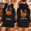 Picture of Personalized Halloween Pumpkin Hoodie Dress, Custom Name Jack O Lantern Dress, Spooky Cold Shoulder Hooded Mini Dress,Halloween Gift for Her